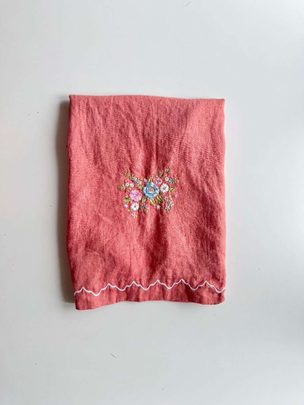 Vintage Handmade Coral Linen Embroidered Small Tablecloth or Large Tea Towel